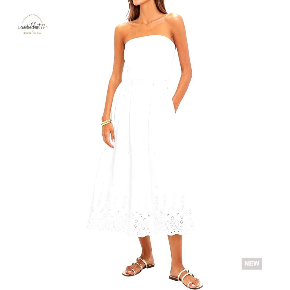Strapless Maxi Dress with Pockets, Fit & Flare, Eyelet Embroidery, Cotton